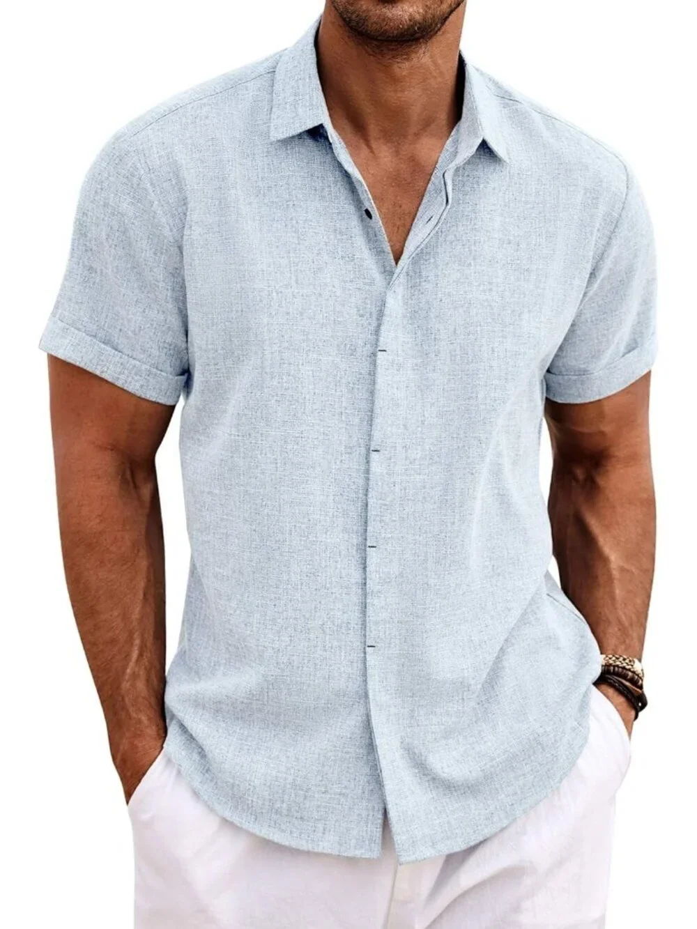 Men's Blue Beach Linen Short Sleeve Casual Wedding Shirts Button Down